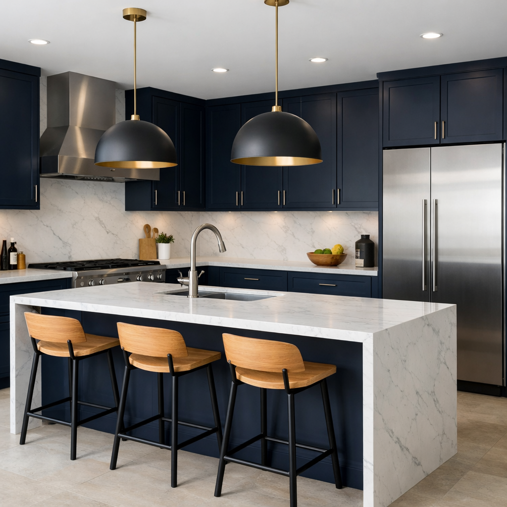 Modern kitchen with dark blue cabinets and light marble countertops