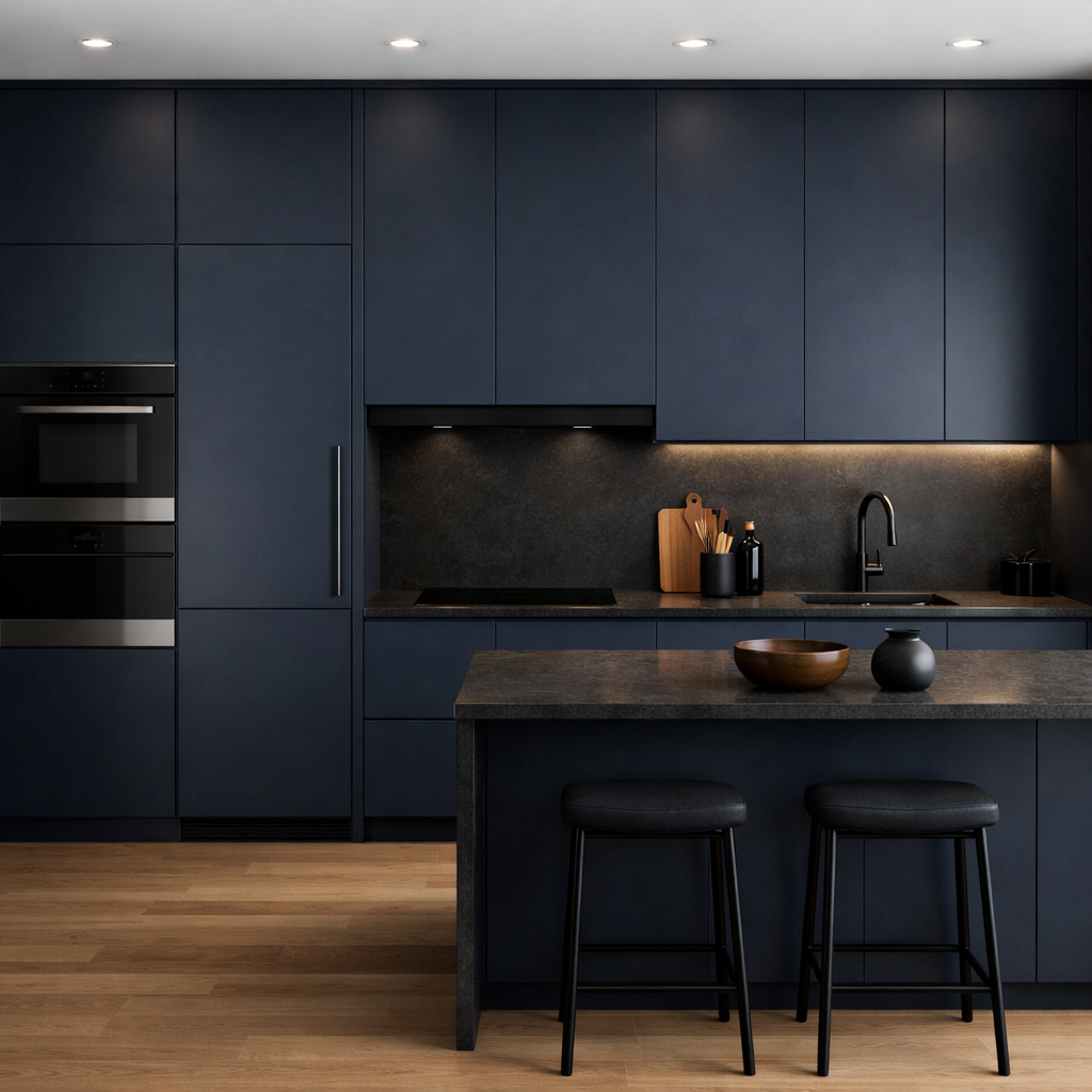Modern kitchen with dark blue cabinets and integrated appliances.