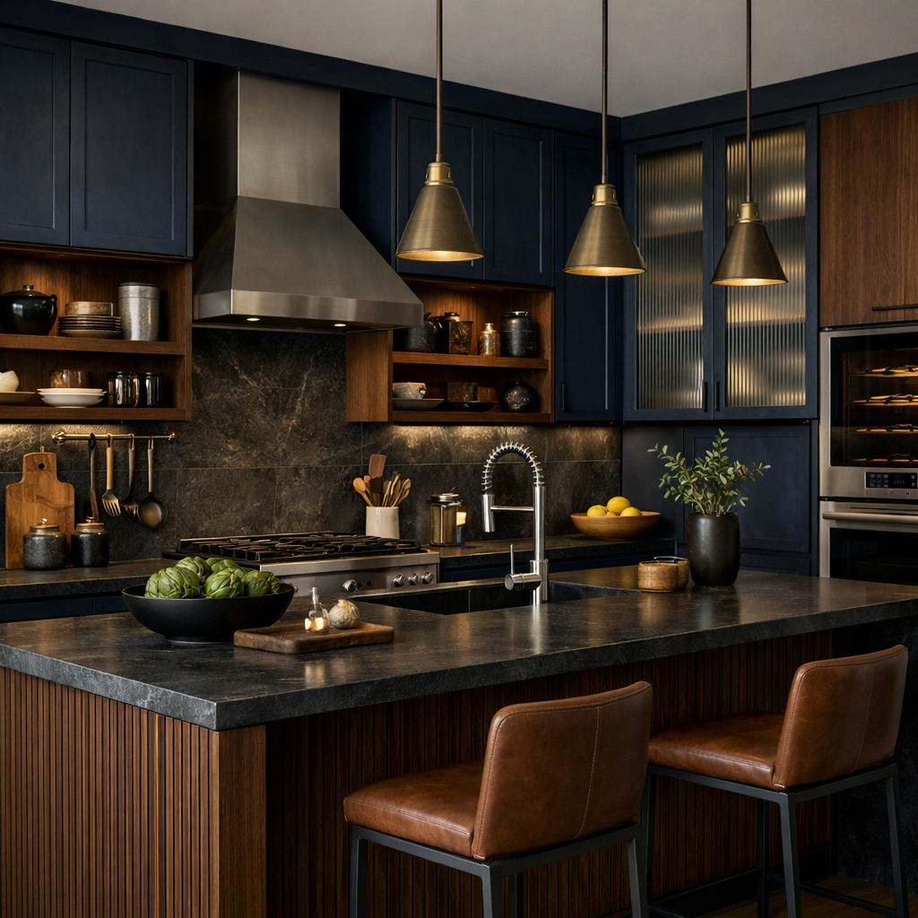 Stylish kitchen featuring dark blue cabinets, a stone countertop, and mixed textures for a modern, inviting look.