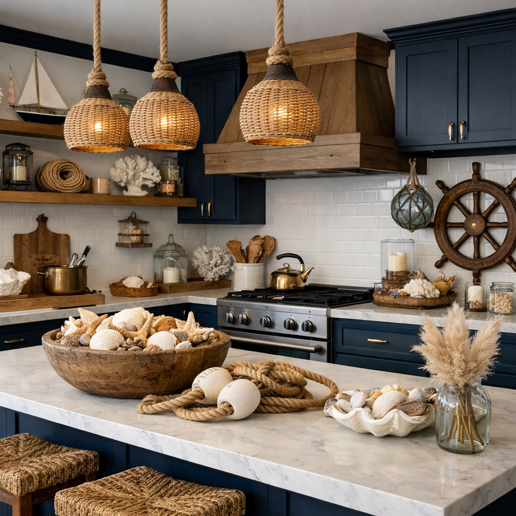 Kitchen featuring dark blue cabinets decorated with nautical elements such as seashells and ropes.