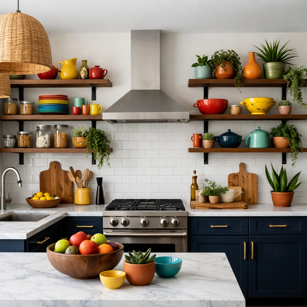 A kitchen featuring dark blue cabinets and open wooden shelving filled with colorful dishes and plants.