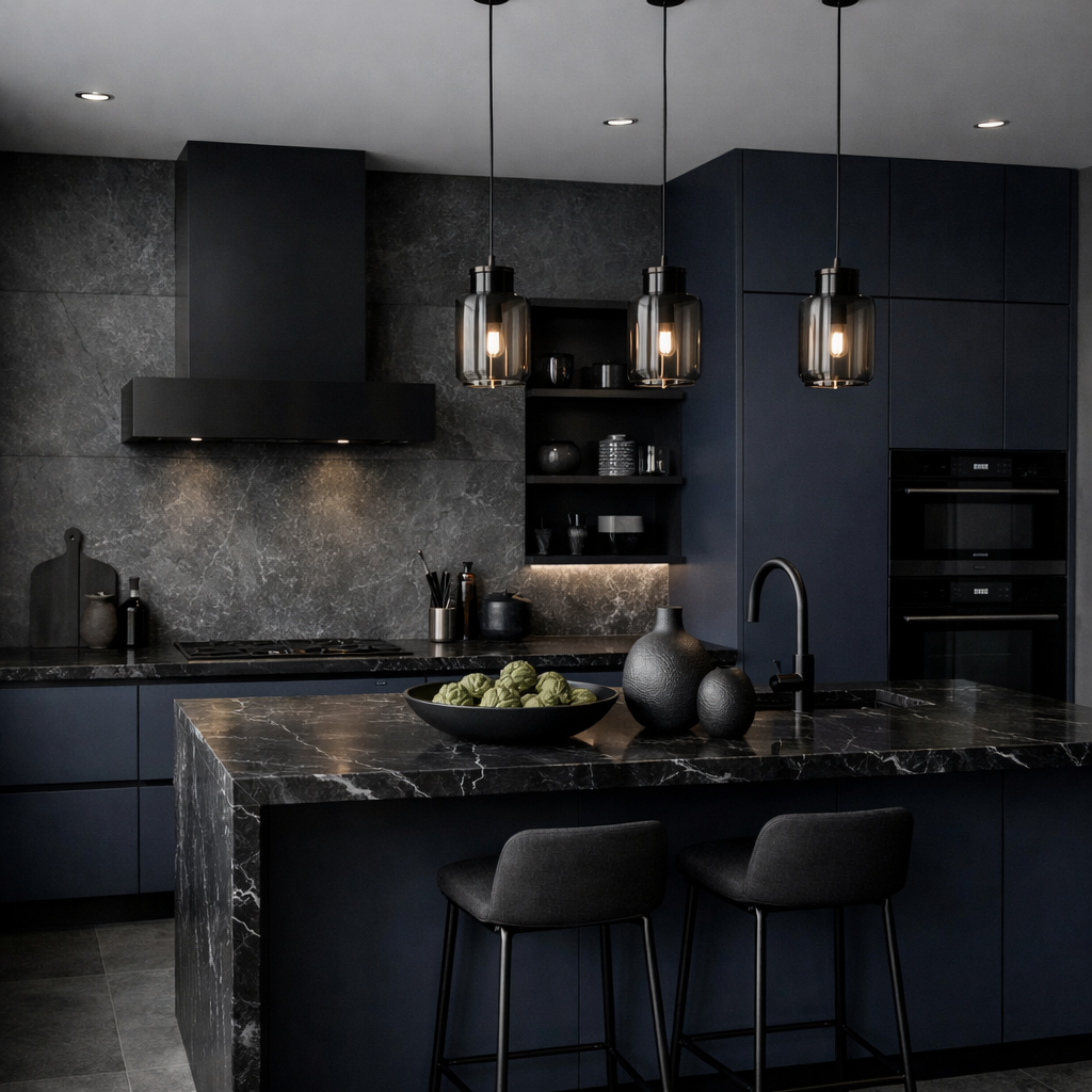 A modern kitchen with dark blue cabinets and a marble countertop, illuminated by pendant lights.