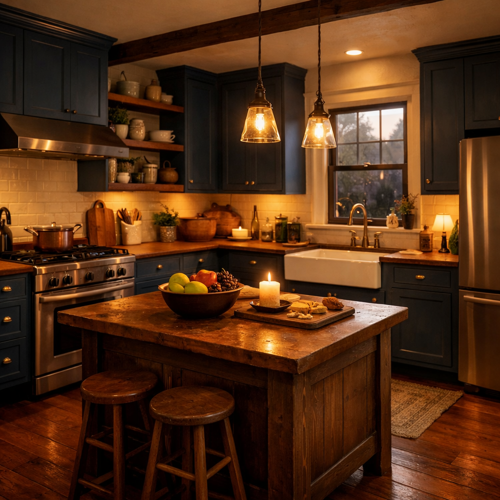 A cozy kitchen featuring dark blue cabinets, warm wood floors, and pendant lighting.