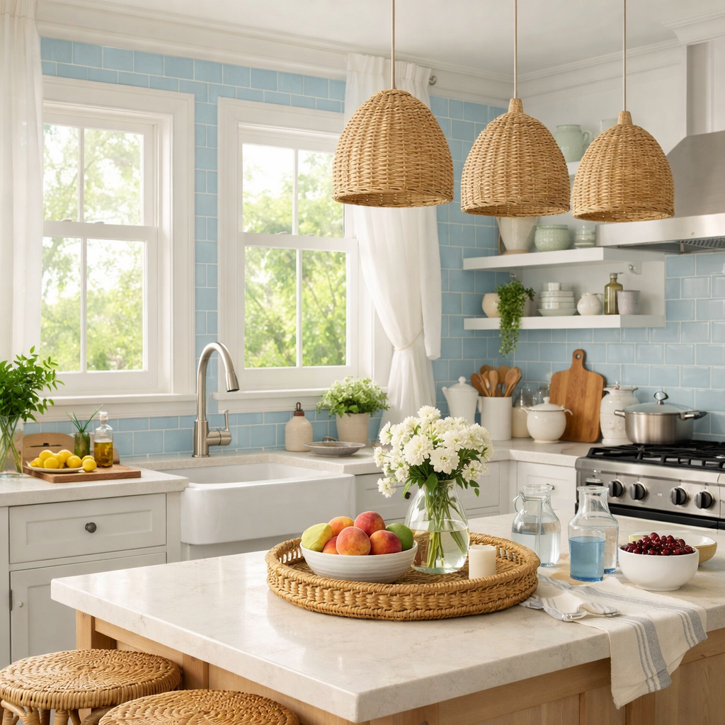 A bright kitchen featuring light blue tiles, white cabinets, and a cozy atmosphere.