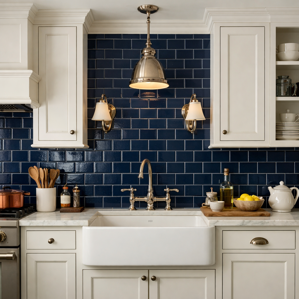 A navy blue and white kitchen showcasing a farmhouse sink, navy tile backsplash, and elegant lighting.