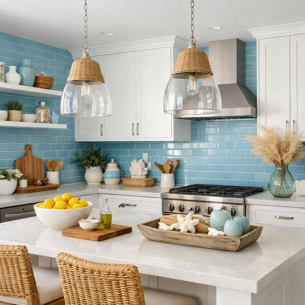 A bright kitchen featuring blue subway tiles, white cabinets, and woven pendant lights, creating a coastal vibe.