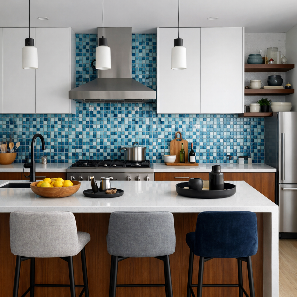 A modern kitchen featuring blue mosaic tiles, with a sleek countertop and stylish bar stools.