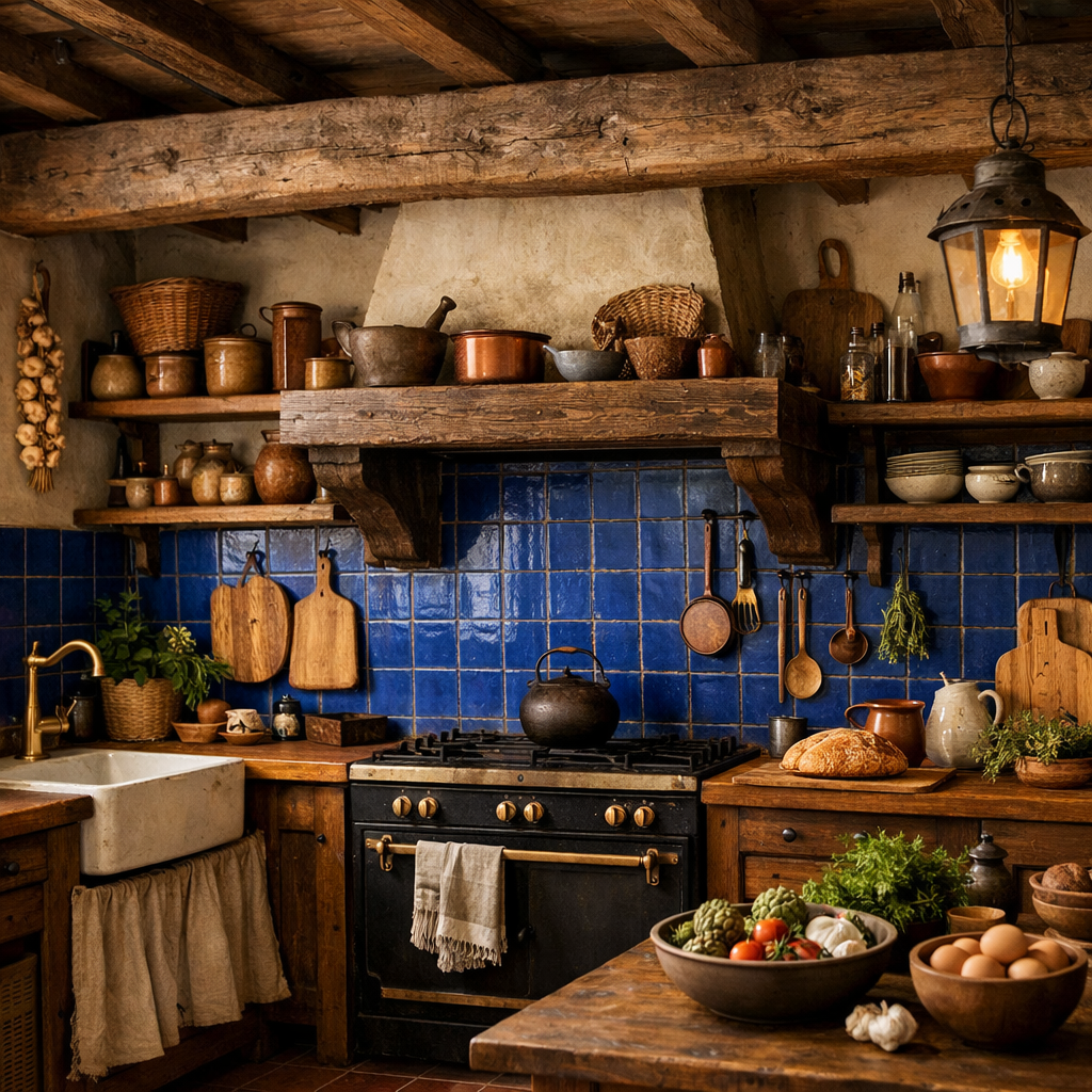 A rustic kitchen featuring cobalt blue tiles, wooden beams, open shelves with various kitchenware, and a cozy ambiance.
