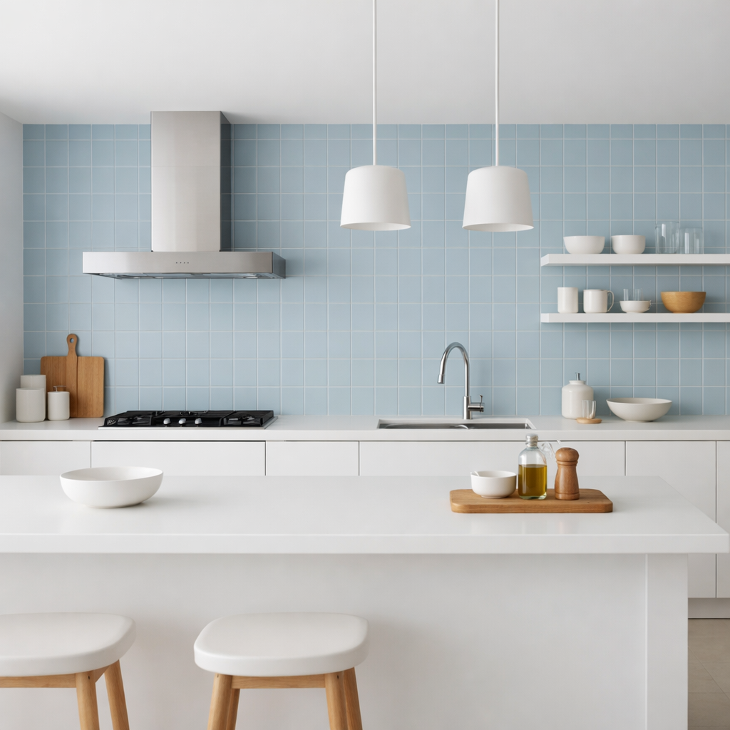 Minimalist kitchen with sky blue tile backsplash and white accents