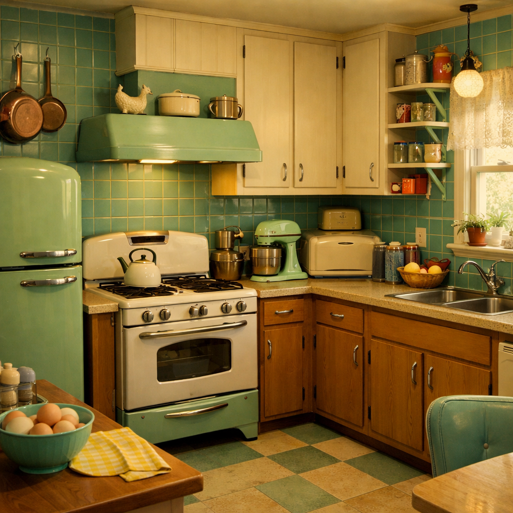 A vintage kitchen featuring turquoise tiles, mint green appliances, and warm wooden cabinets