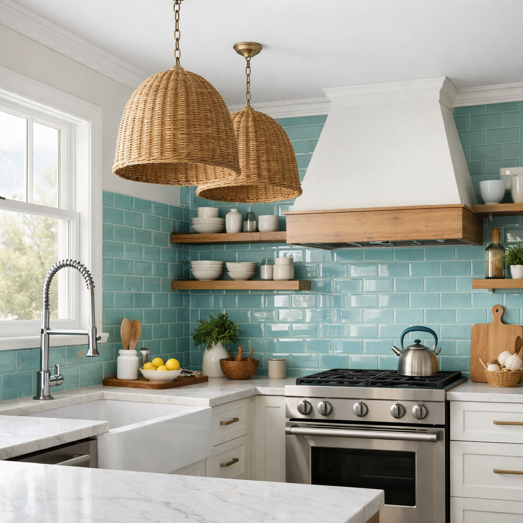 Modern kitchen featuring aquamarine glass subway tiles and warm wood accents