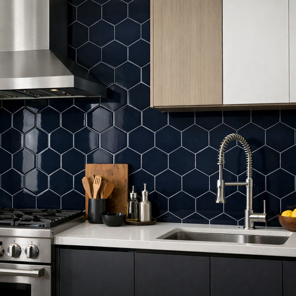 Navy hexagon tiles in a modern kitchen backsplash