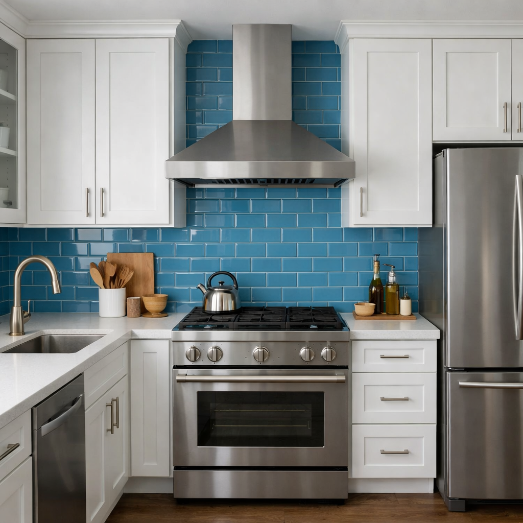 A modern kitchen featuring a cerulean subway tile backsplash, white cabinetry, stainless steel appliances, and a clean countertop design.