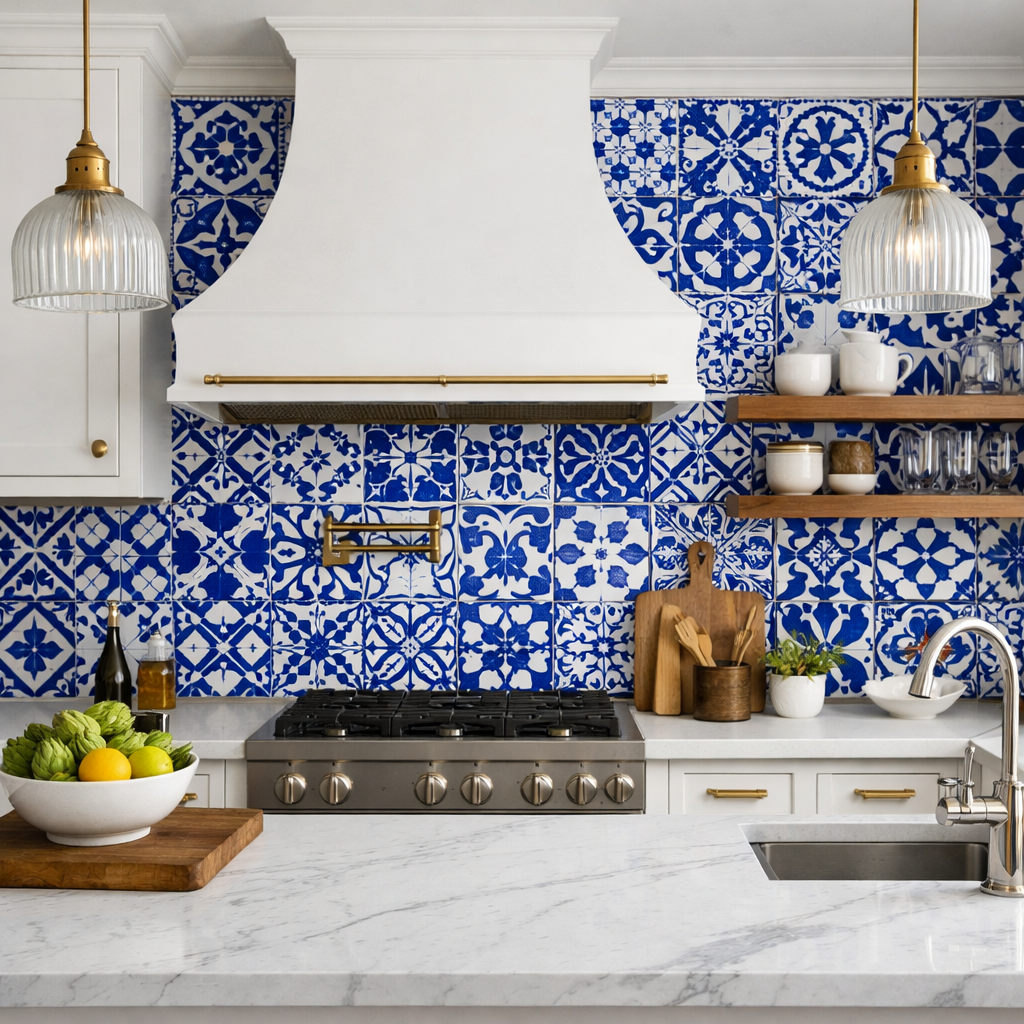 A kitchen featuring cobalt blue and white patterned backsplash tiles, with modern appliances and wooden accents