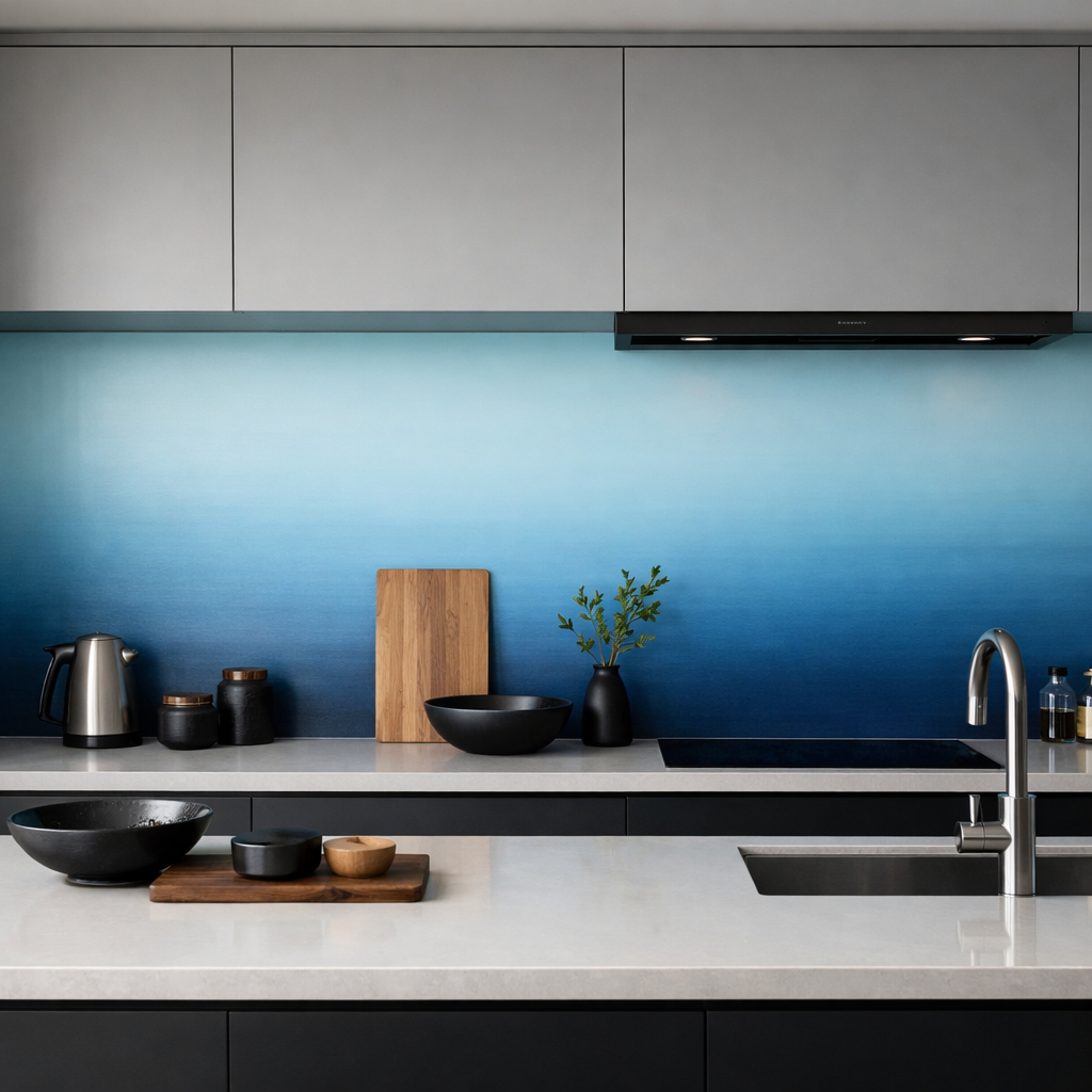 A modern kitchen with a gradient blue backsplash transitioning from dark navy to soft sky blue, featuring sleek cabinets and minimalist kitchenware.