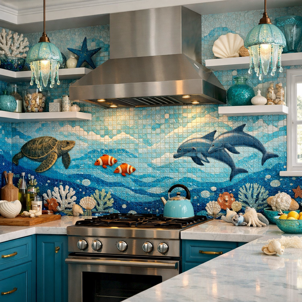 A beautiful kitchen with an ocean-inspired mosaic backsplash featuring a turtle, clownfish, and dolphins against shades of blue.