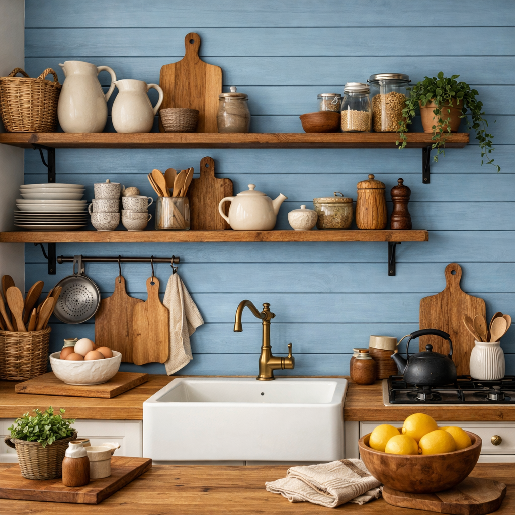 A rustic kitchen with sky blue shiplap backsplash, wooden shelves displaying kitchenware, and a cozy atmosphere.