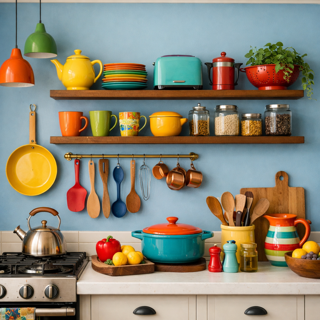 A colorful kitchen with soft blue walls, featuring bright dishes and utensils against the backdrop.