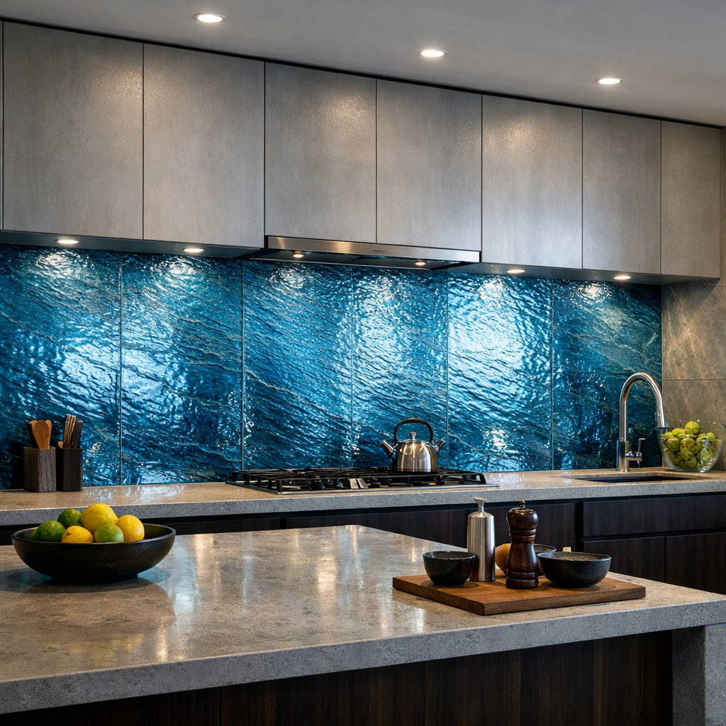 A modern kitchen featuring textured blue glass panels as a backsplash, complemented by sleek gray cabinets and a stone countertop.