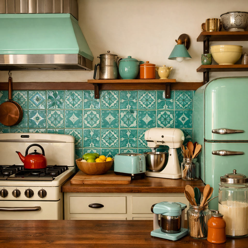 A kitchen featuring turquoise encaustic tiles with vintage appliances and wooden decor.