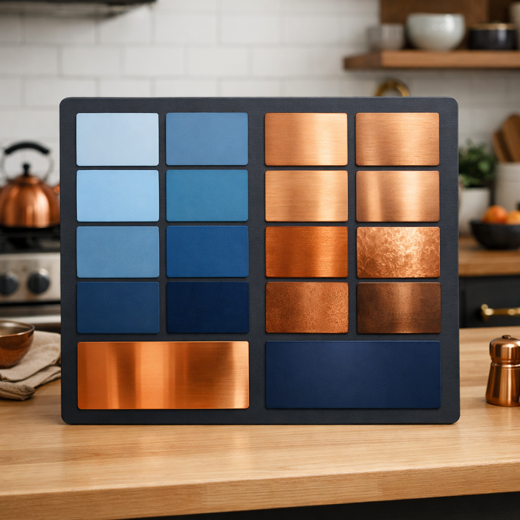Color palette samples of blue and copper shades displayed in a kitchen