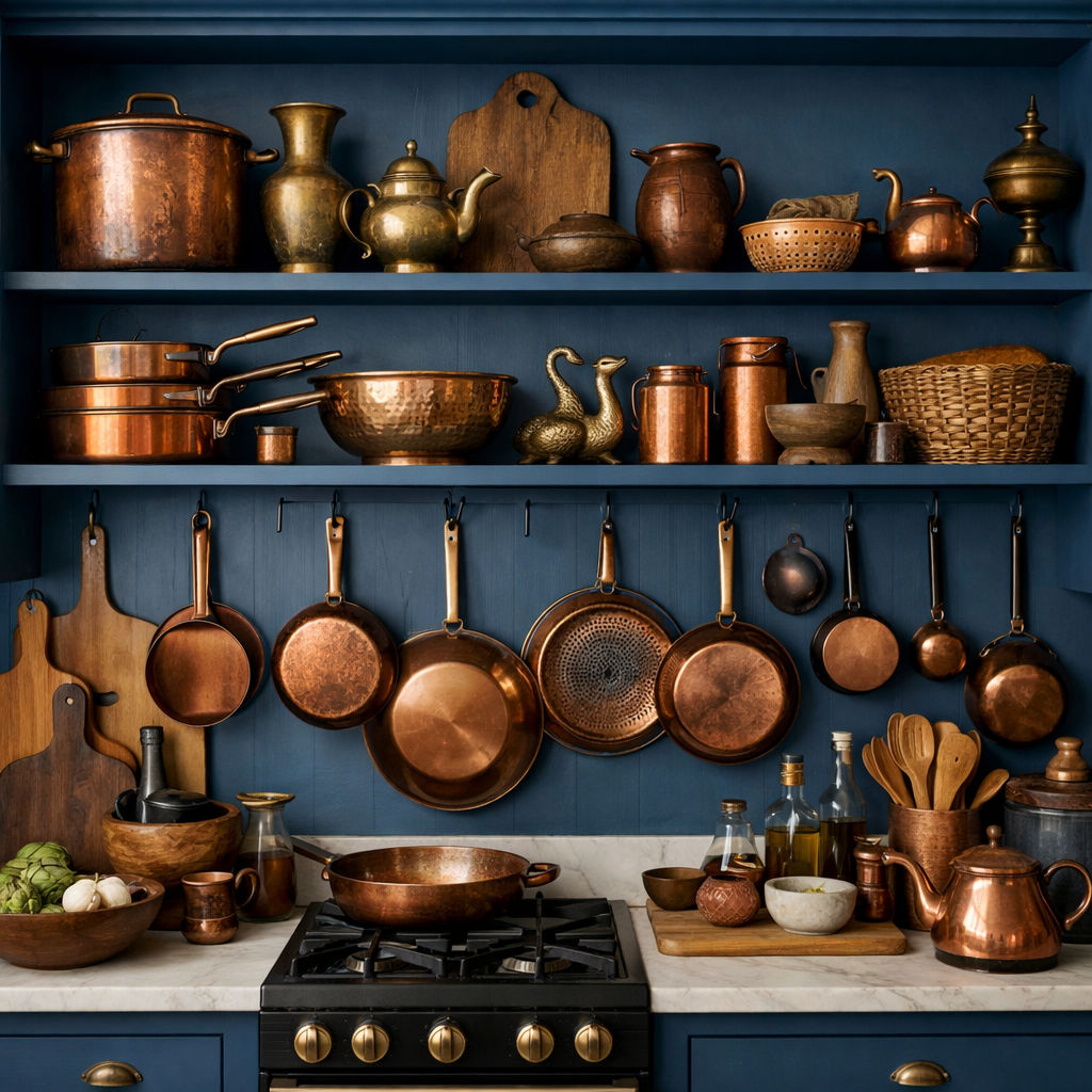 A beautifully curated open shelving display featuring deep blue shelves lined with copper cookware and decorative items.