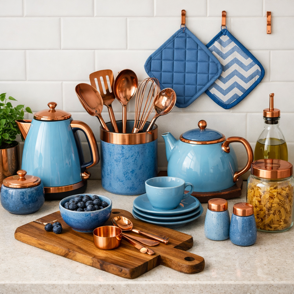 A blue-themed kitchen display with copper-accented accessories including teapots, utensils, and measuring cups.