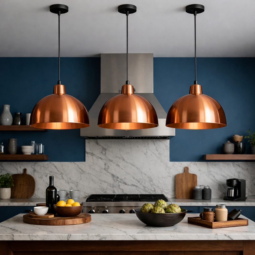A modern kitchen featuring copper pendant lights hanging above a marble countertop with blue walls