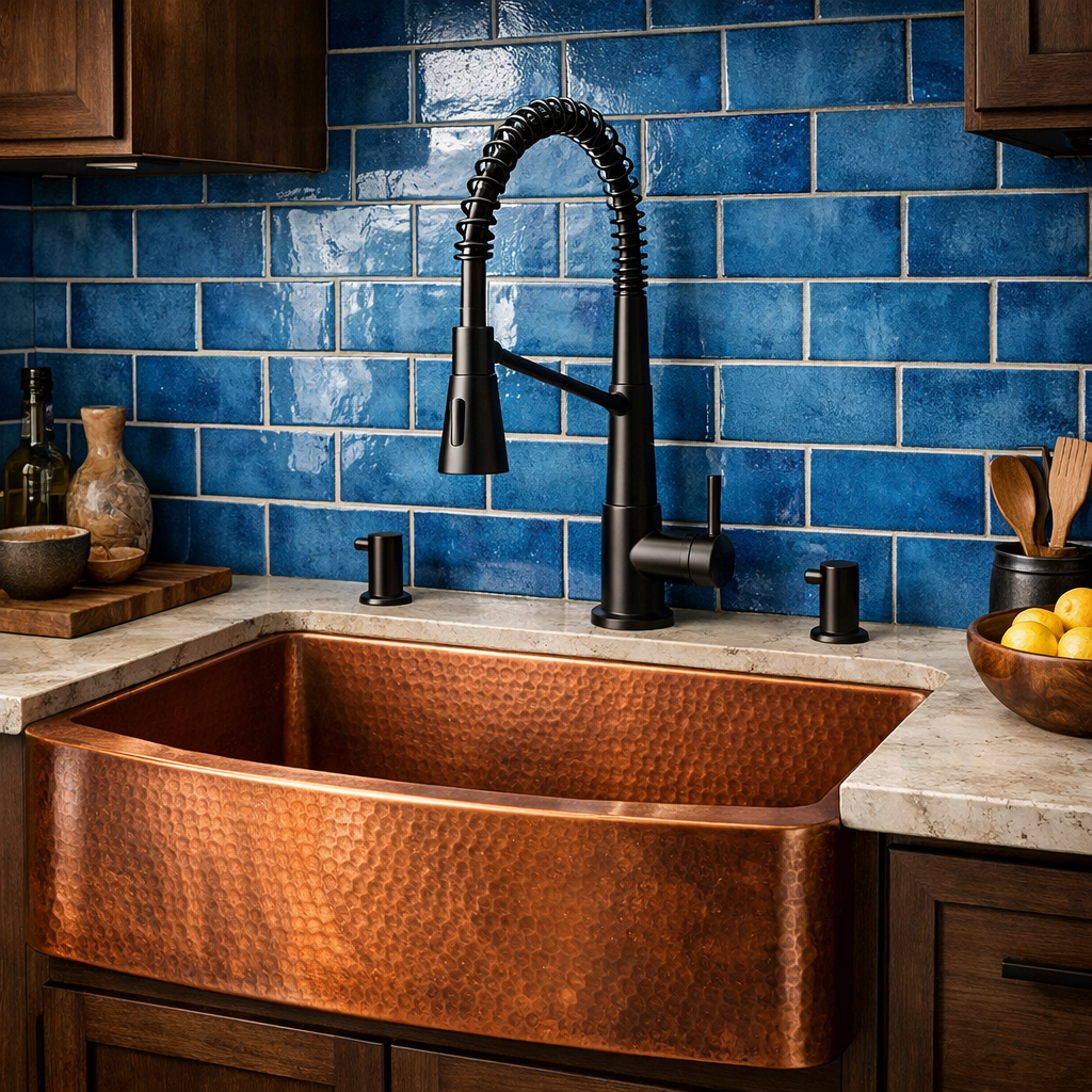 A kitchen featuring a copper sink and a vibrant blue tile backsplash.