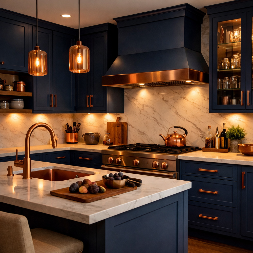 A kitchen featuring elegant blue cabinets, copper accents, and a marble countertop.