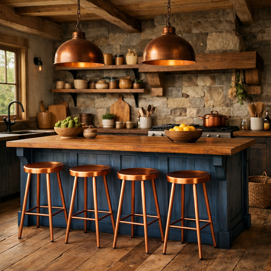 A rustic kitchen featuring a blue island, wooden countertop, and copper bar stools.