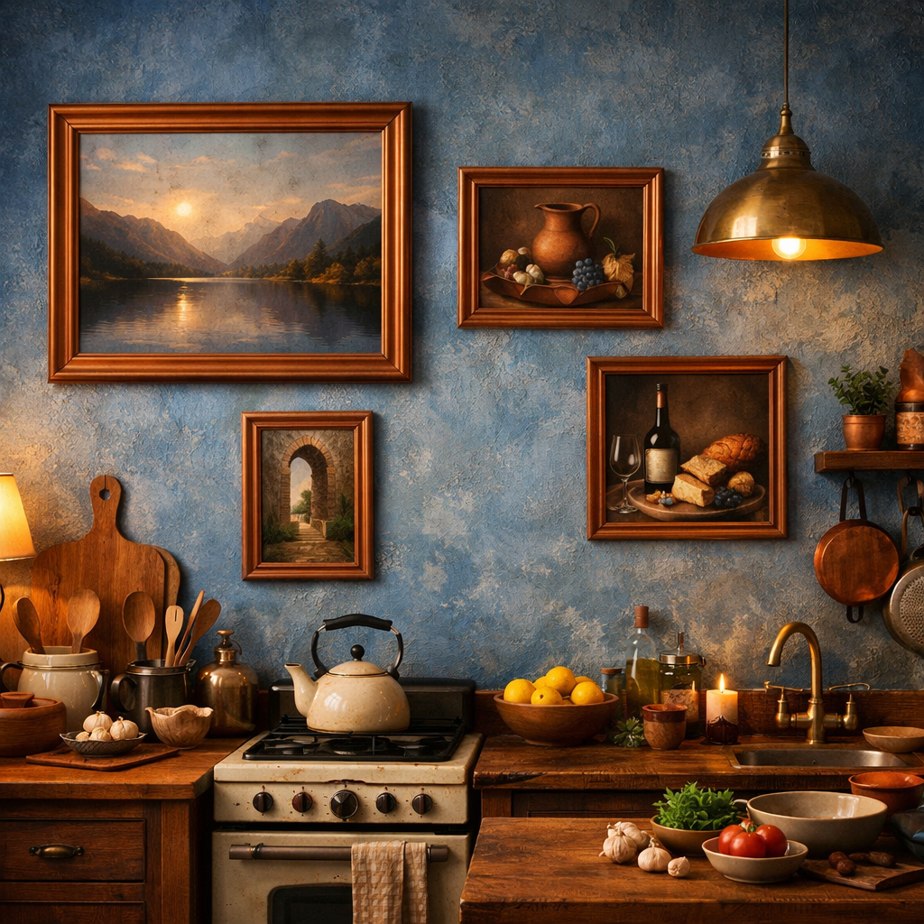 Cozy kitchen with textured blue walls and copper-framed artwork.