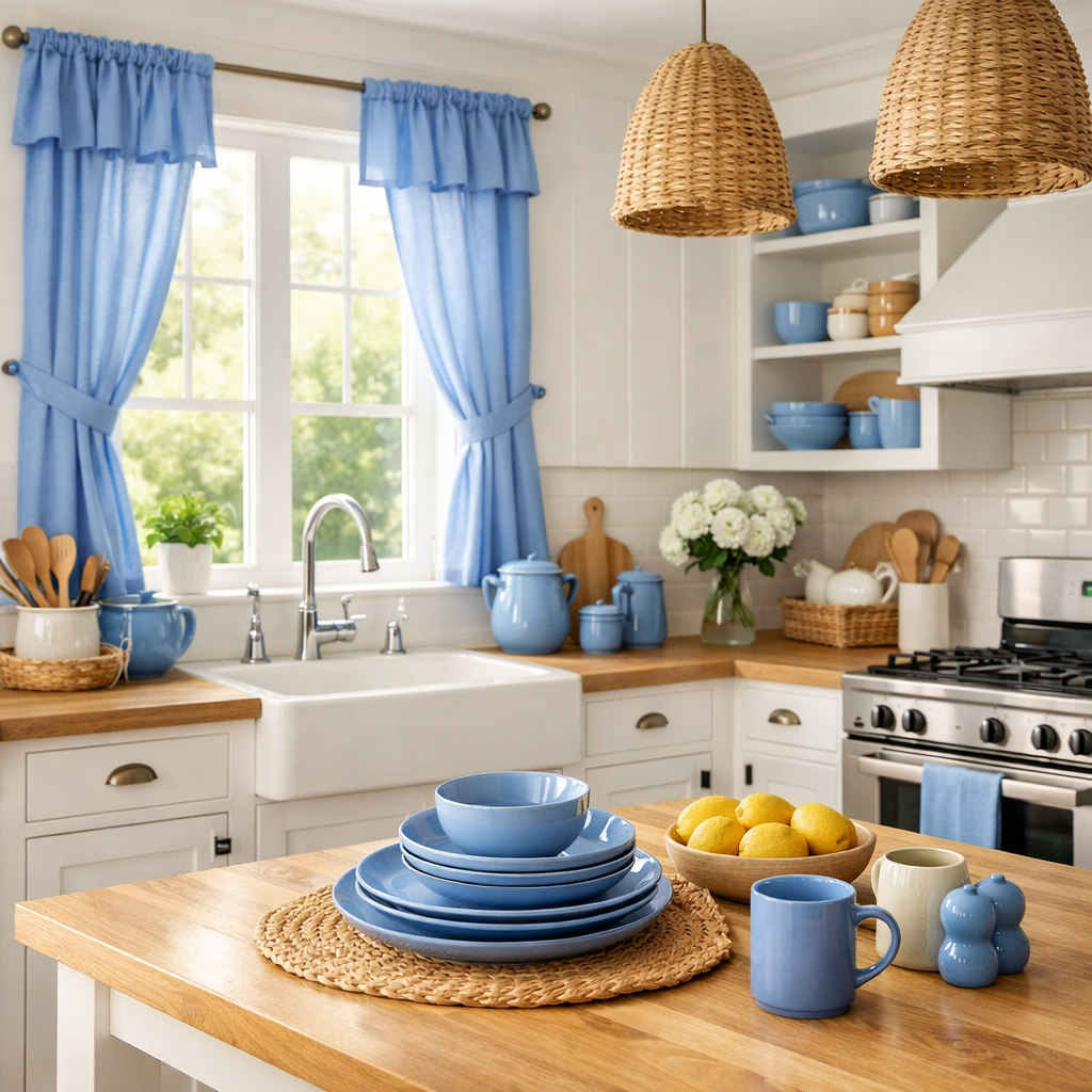 Bright and airy kitchen featuring cornflower blue accents with blue curtains, dishware, and woven lights.