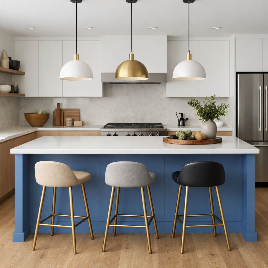 A contemporary kitchen featuring a cornflower blue island with stylish stools and pendant lighting.