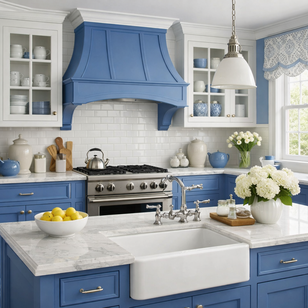 A kitchen featuring cornflower blue cabinetry, white accents, and elegant decor.