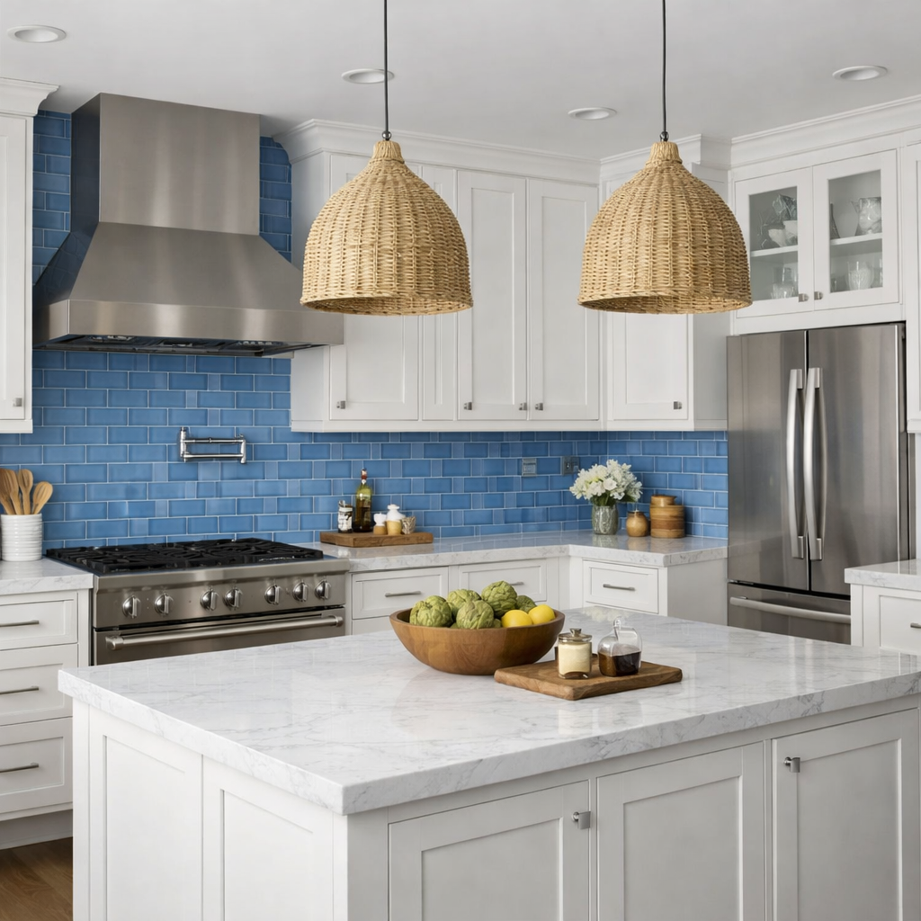 A modern kitchen featuring a cornflower blue backsplash, white cabinets, and wooden accents.