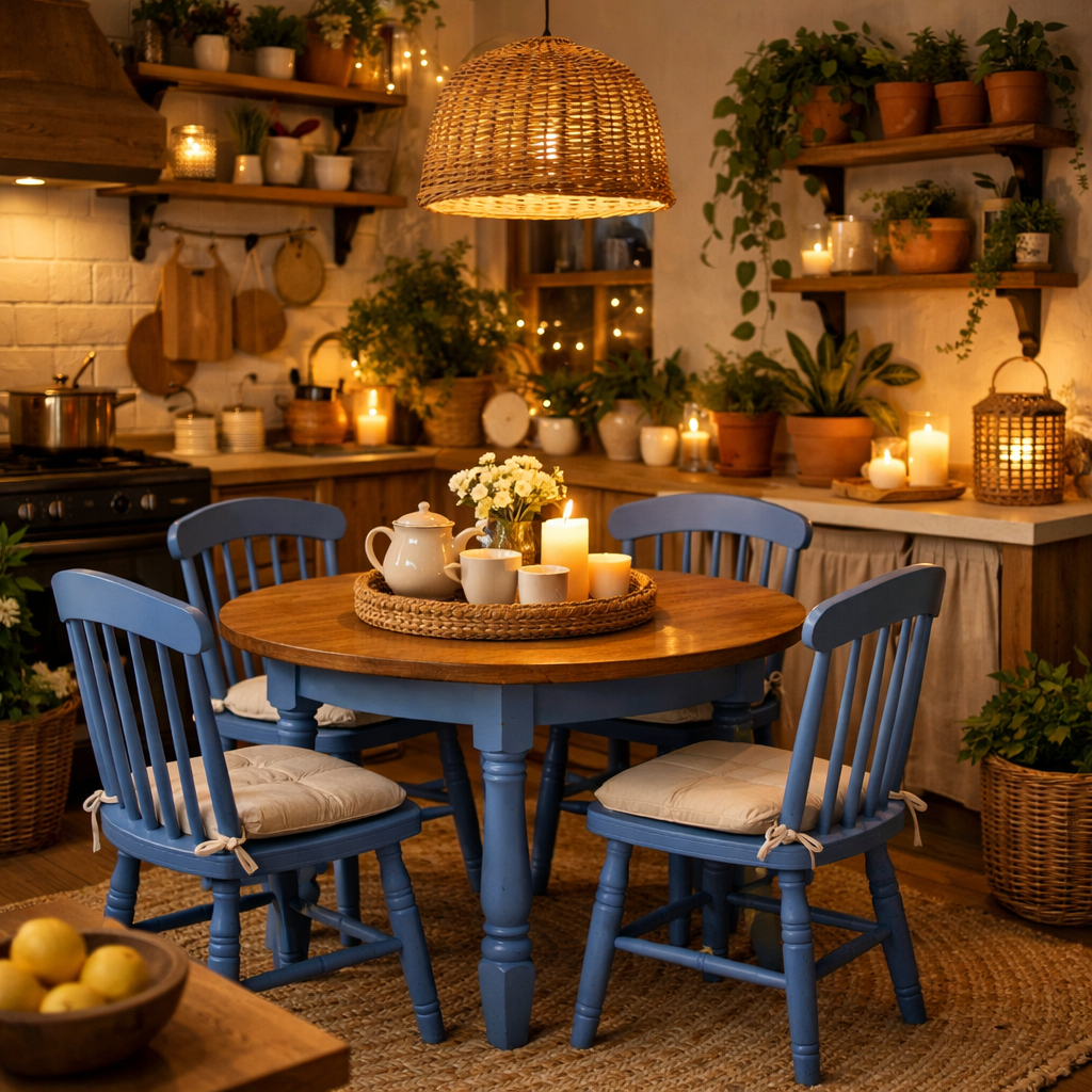 Cozy kitchen with a cornflower blue dining set and warm lighting.