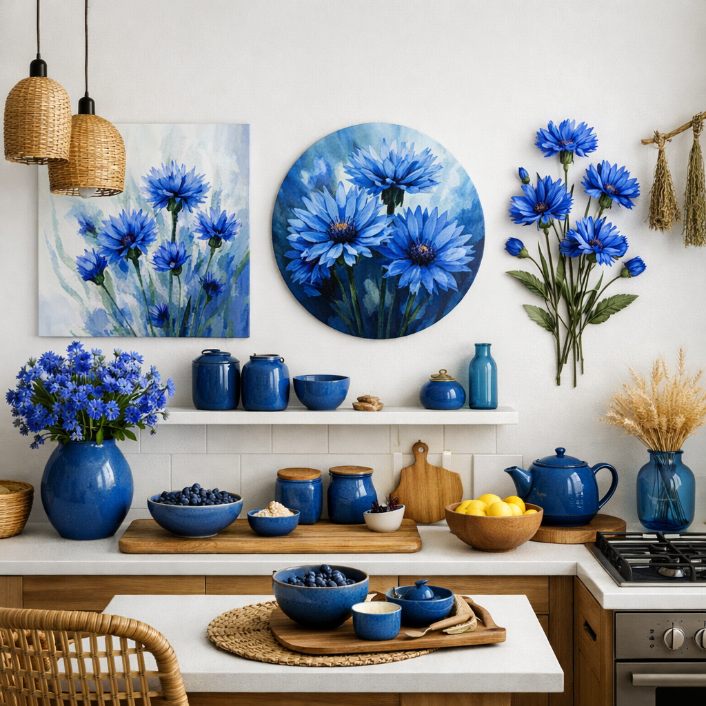 A beautiful kitchen featuring cornflower blue wall art and decor with various blue items.