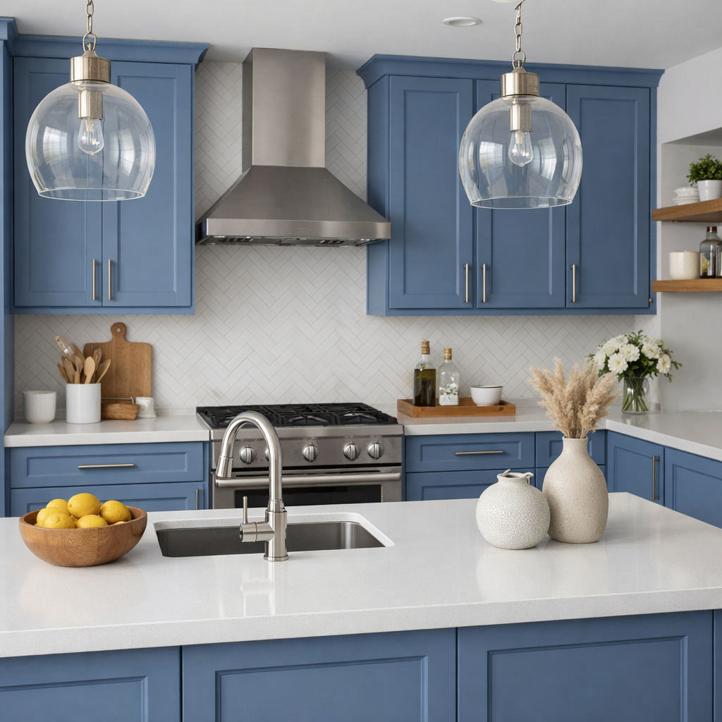 A modern kitchen featuring elegant cornflower blue cabinets, white countertops, and stylish light fixtures.