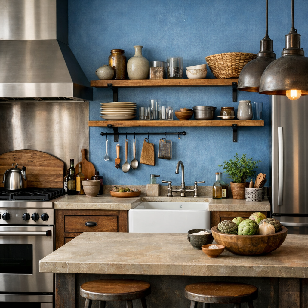 A cozy kitchen featuring cornflower blue walls, rustic wooden shelves, and a mix of textures.