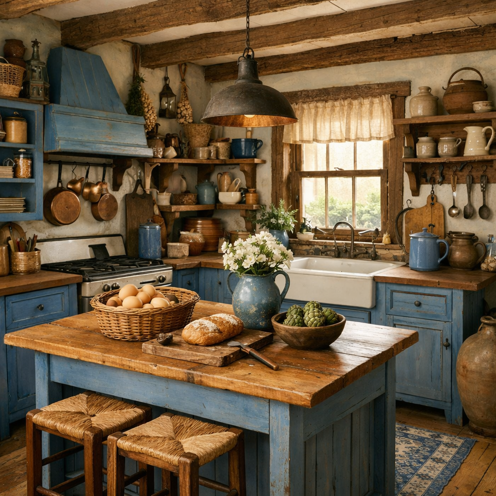 Rustic kitchen featuring cornflower blue cabinetry, wooden beams, open shelves with pottery, and a welcoming kitchen island.