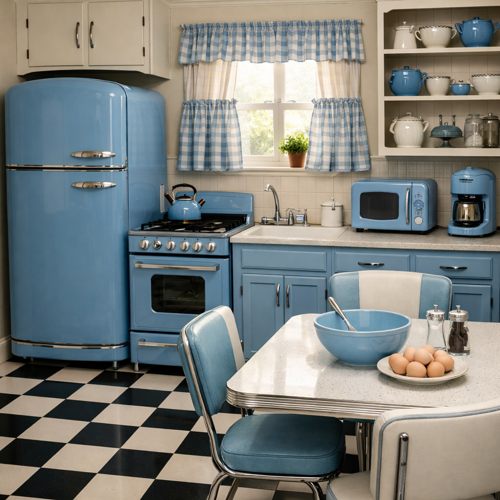 A vintage kitchen featuring cornflower blue appliances, including a refrigerator, stove, and small gadgets, with a checkerboard floor and a cozy dining area.