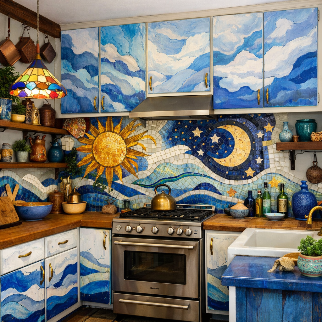 A colorful kitchen with artistic blue and white cabinets, featuring a mosaic backsplash with the sun and moon.