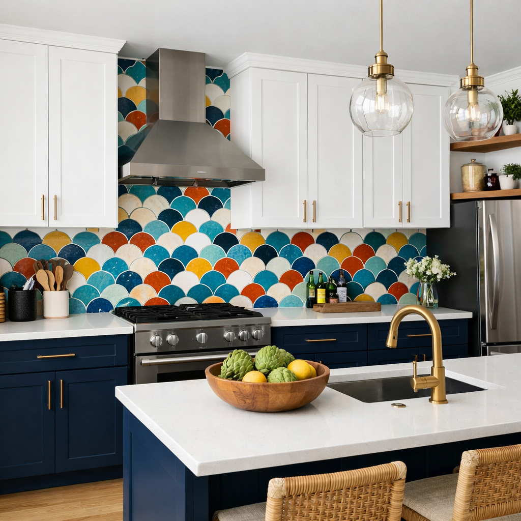 A kitchen featuring bold navy and white cabinets with colorful backsplash and stylish decor