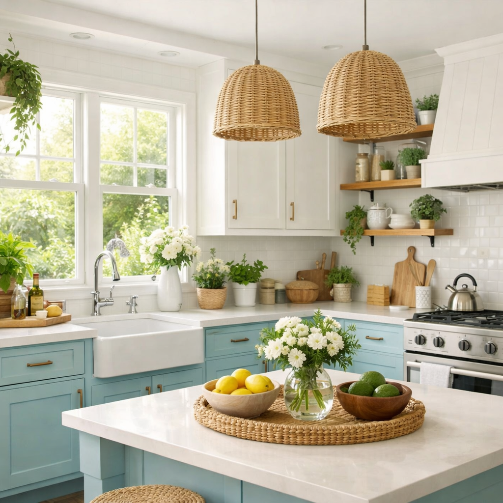 A bright and airy kitchen with blue cabinets, white fixtures, and natural elements.