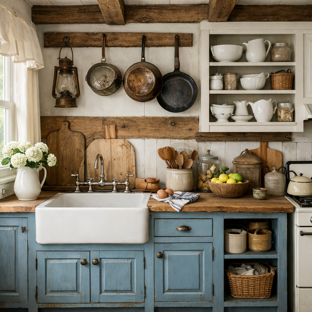 A classic farmhouse kitchen featuring blue and white cabinets, rustic wooden shelves, and vintage pots.