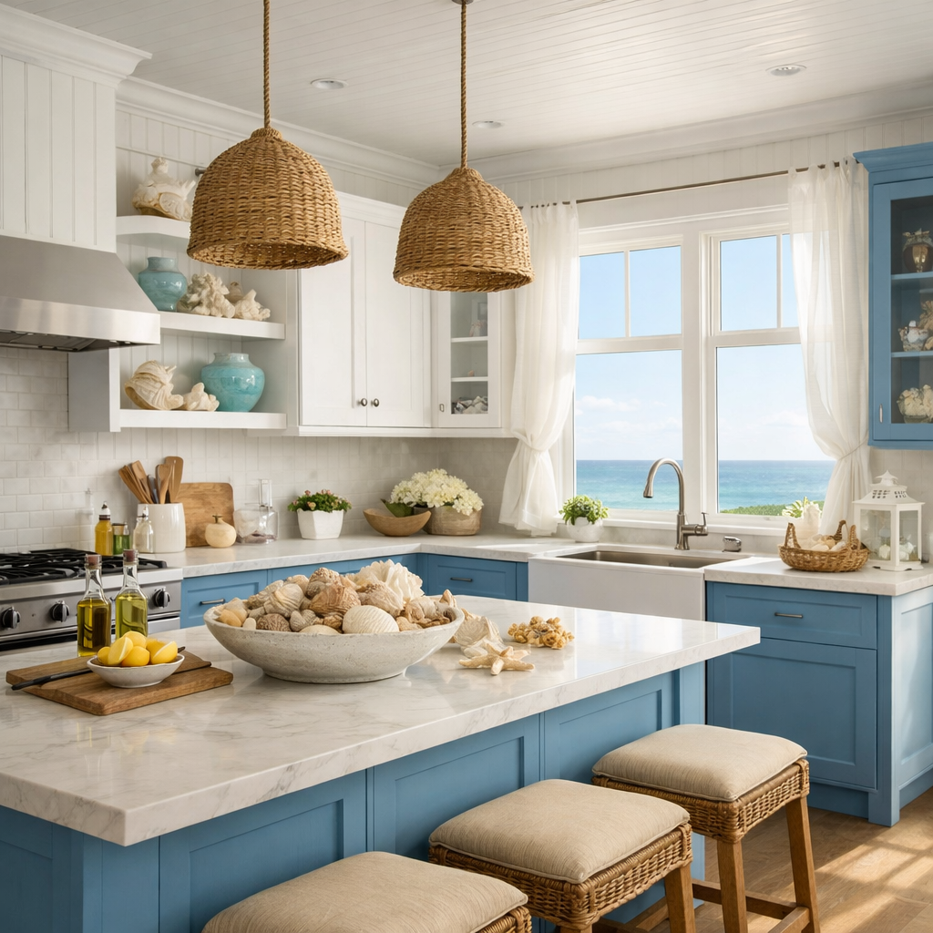 Coastal-inspired kitchen with blue and white cabinets, natural textures, and a view of the ocean.