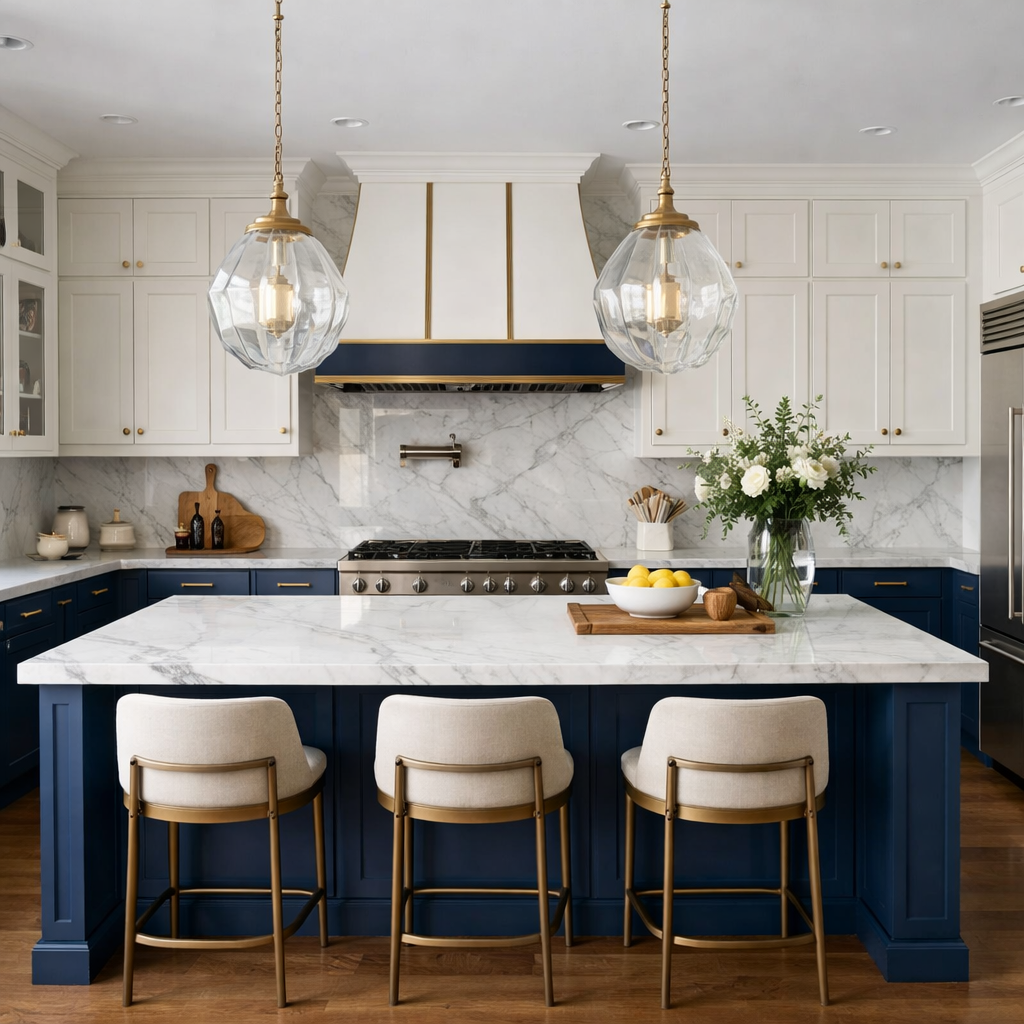 A modern kitchen with blue and white two-tone cabinets, marble countertops, and brass accents.