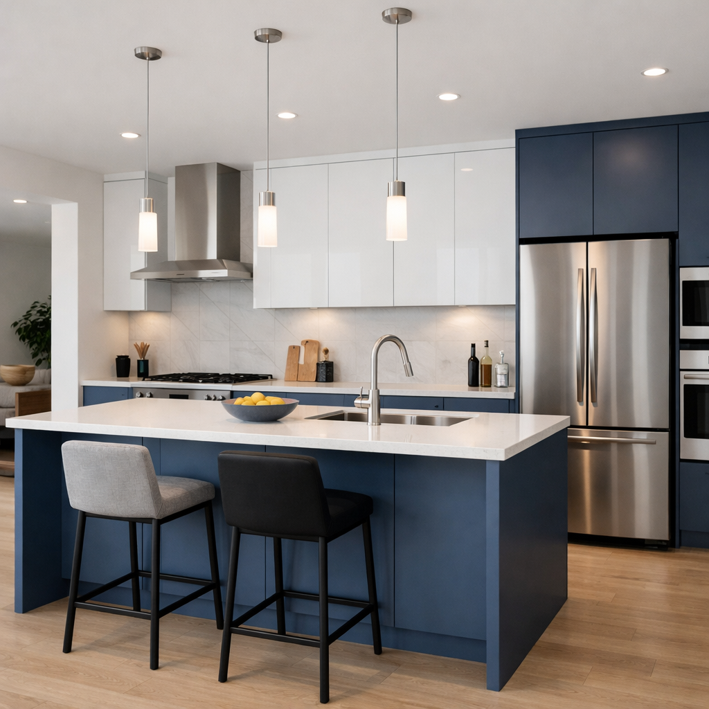 Modern minimalist kitchen featuring blue and white cabinets with sleek design and pendant lighting.