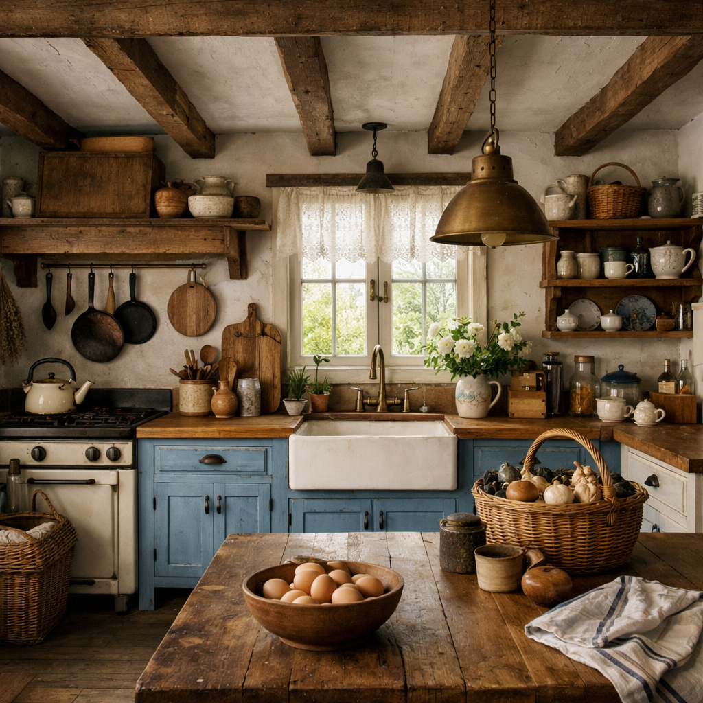 Rustic kitchen with blue and white cabinets, wooden shelves, farmhouse sink, and baskets